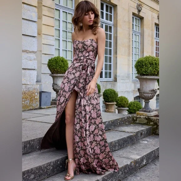 V. Chapman The Cecilia Dress Chocolate Peony Print Size 12 Pink Corset Back NEW - Picture 5 of 7